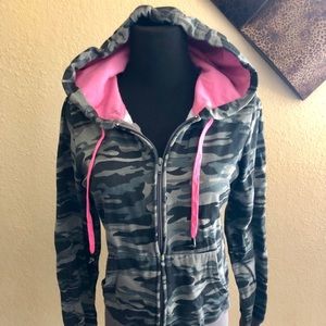 Camo hoodie with pink lined hood. Size medium